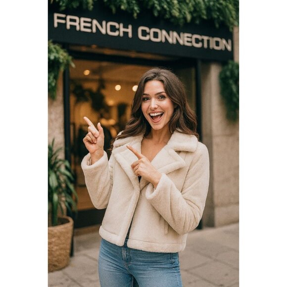 French Connection Large Women Winter Faux Fur Short Coat Notched Lapel Jacket - Picture 3 of 11